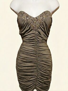 Strapless Ruched Beaded Mini Dress in Taupe